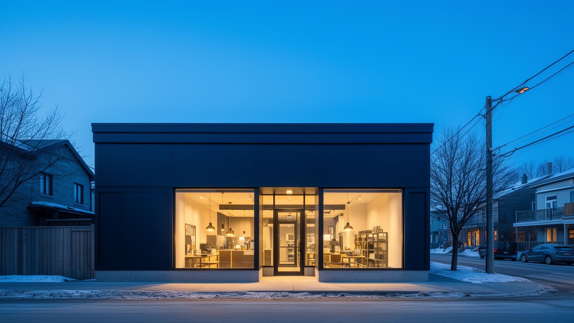 Commerce local québécois moderne au crépuscule